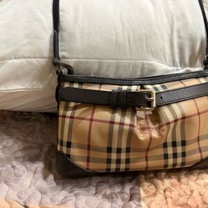 Burberry Beige Plaid Shoulder Bag with Brown Trim